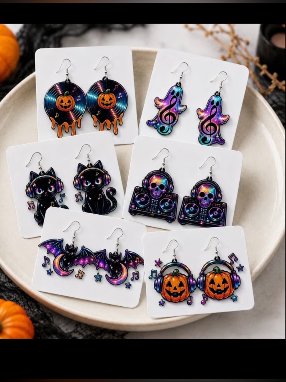 (A6) Set/6 Halloween Music Themed Earrings - Picture 3 of 5